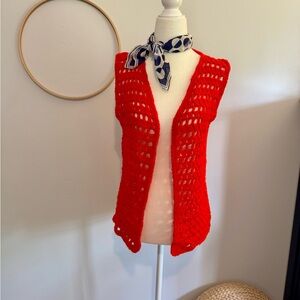 Vintage 1970s Retro Bright Cherry Red Sweater Vest Open Front Handmade Knit SM